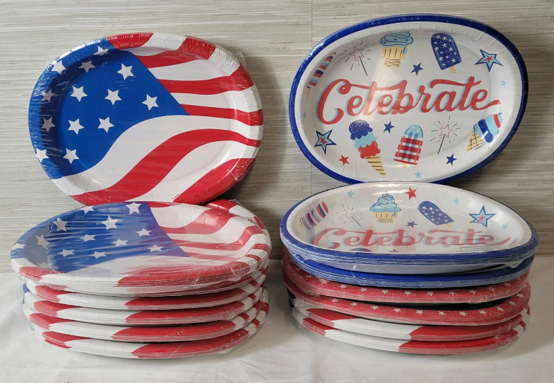 New , Sealed - 14-Packs USA Flag Paper Plates , measures 12"&times;10" . 8 Plates per pack , 132 Plates Total
