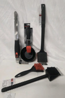 5 New | Barbecue Cleaning Tools Lot | Includes ( 2 ) Char-Broil Red Nylon Grill Brushes 8" - 17" Long | ( 1 ) Flame Glo Silicone Basting Brush W/ Cup | & ( 1 ) Flame Glo 3 In 1 Grill Brush