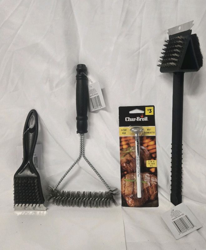 4 New | Barbecue Cleaning Tools Lot | Includes Grill Wire Brushes & Meat Thermometer