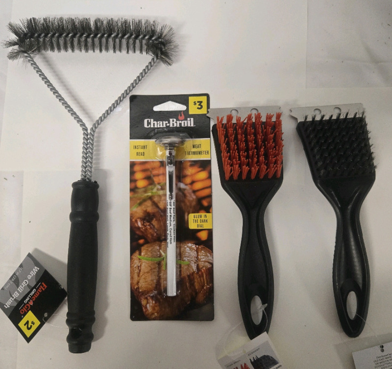 4 New | Barbecue Cleaning Tools Lot | Includes Brushes & Meat Thermometer