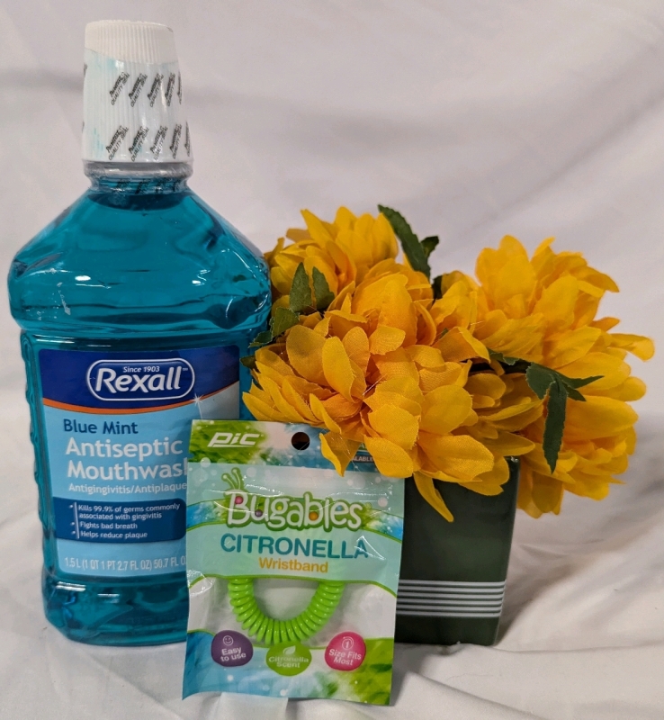 1 New Rexall Blue Mint Mouthwash (1.5L), 1 New Bugables Citronella Wristband & 1 set of Artificial Flowers with Vase (7" Tall with Flowers).