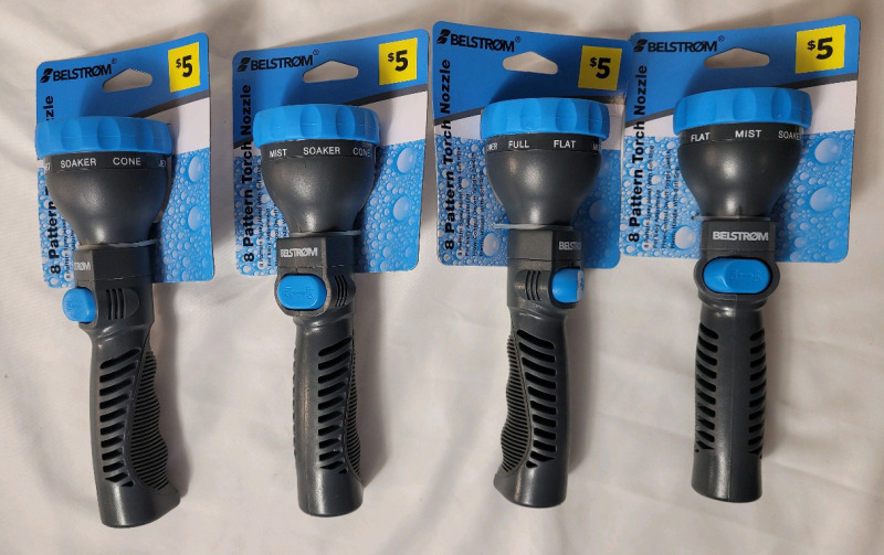 New - Four (4) Belstrom 8-Pattern Garden Hose Torch Nozzels .