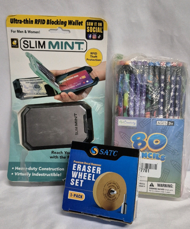 New Mixed Lot- 80 Pencils, Slim RFID Blocking Wallet & Decal Remover Wheel