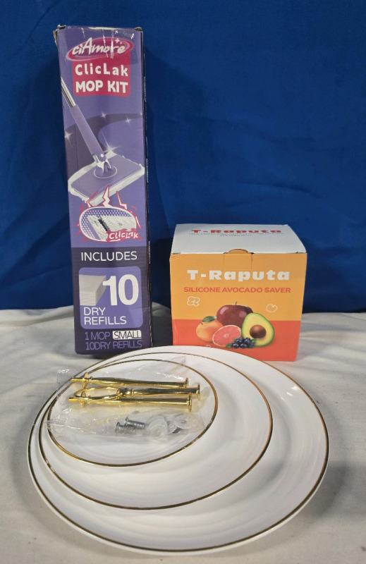 3 New | Kitchen Lot Includes; 3 Tier Cake Plate, Silicone Fruit Savers, & Cliclak Mop kit W/ Refills