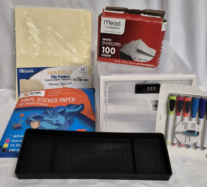 New Office Lot - Storage Lock Box, File Folders, Tray, Envelopes +