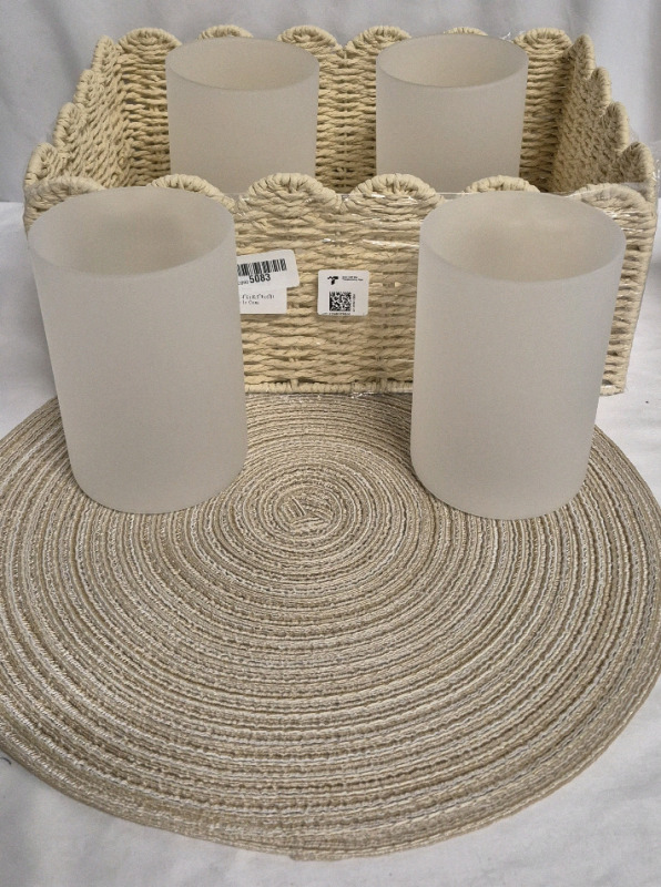 New Home Decor Lot - 2 Placemats, 4 Glass Shades and Storage Basket