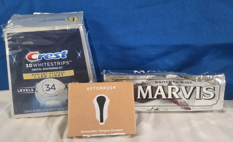 3 New | Bathroom Lot Includes; Crest 3D White Strips Tongue Scraper, & Whitening Mint Tooth Paste,