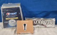 3 New | Bathroom Lot Includes; Crest 3D White Strips Tongue Scraper, & Whitening Mint Tooth Paste,