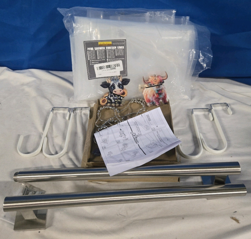 New | Bathroom Accessories Lot Includes, Towel Rack, Over the Door Hooks, Peva 60" x 72" Clear Shower Curtain Liner & 15+ Key chains