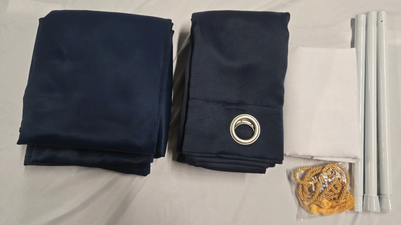 6 New | Bedroom / Bathroom Curtain Lot | Includes Extendable Curtain Rod, White Shower Curtian, & 4 Blue Blackout Curtians & Curatin Tassels