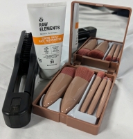 New Beauty Lot. Hairbrush (9" Long) Raw Elements Tinted Daily Face Moisturizer (51g, 30spf) & Makeup Brushes.