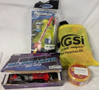Fun and Games Lot. Includes New Toy Guns, New Model Rocket Kit, 6' Parachute & New Spot it Game.