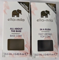 2 New Ella + Mila Nail Polish. "In a Rush" Fast Drying Topcoat & "All About the Base" Base Coat. .45 oz each