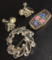Czech Hand Painted Lampwork Glass Brooch Continental Earrings Fabulous Brilliant Wreath Brooch Vintage