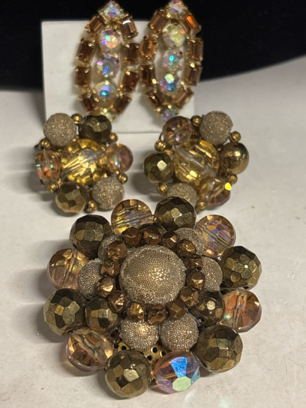Vintage Amber AB Glass Brooch Earrings Set Statement Amber & AB Rhinestone Eye Earrings