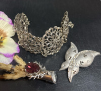 Filigree Panel Bracelet Rhinestone Butterfly & Mitzpah Signed Talisman Brooch