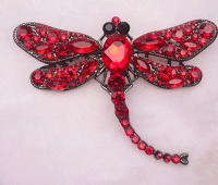 Rhinestone Large Red Black Eyes Dragonfly Brooch