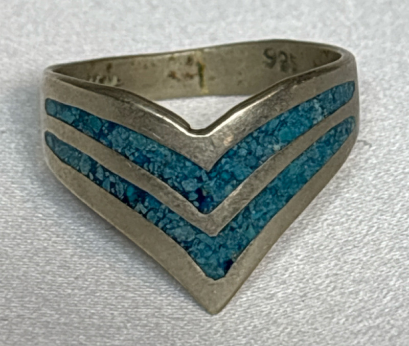 Vintage 925 Sterling Silver Mexico Turquoise Inlay Ring Size 7.5 Southwestern