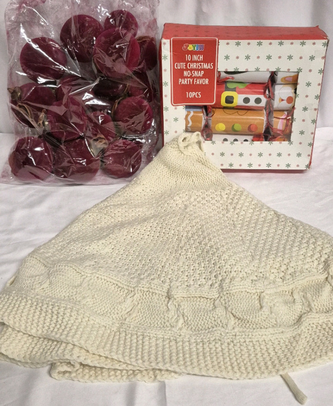 New Christmas Decor Lot - Cream Knit Tree Skirt, 9 Christmas Poppers & Ornaments