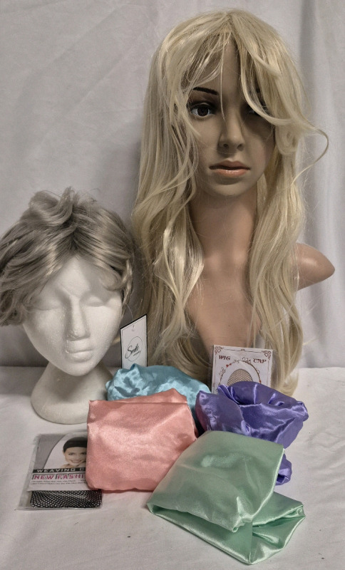 2 New Synthetic Wigs & 4 New Bath Caps