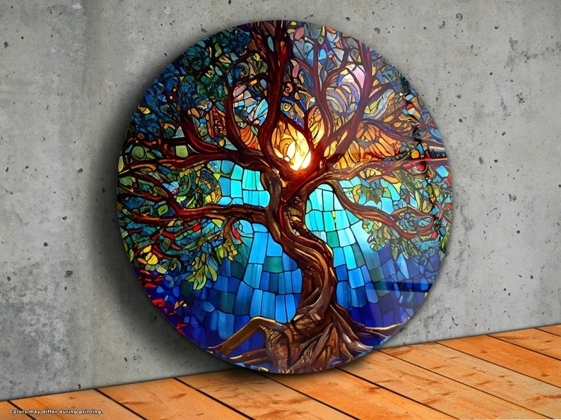 Stained Glass Style Print of "The Tree of Life" underneath glass. 16" Across. Retails for over $100.