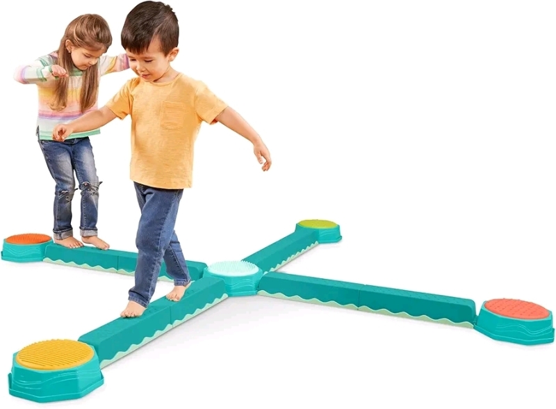 New B. Toys Balance & Build Set – Interlocking Balancing Beams – Active Play for Toddlers, Kids – 3 Years. Customizable set up. All parts fit in box measuring 14" by 16" by 12".