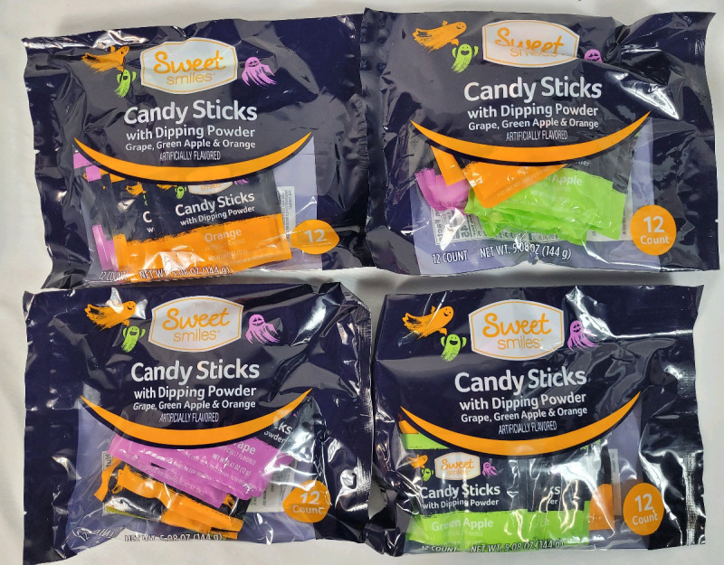 New - 4-Packs Sweet Smiles CANDY STICKS w/DIPPING POWDER . Grape , Green Apple & Orange Flavors . 12 Per Pack , 48 Total . Best Before 08/18/2025