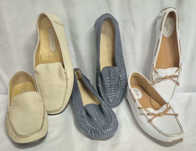 3 Pairs of Ladies Loafer Style Shoes Sizes 8.5 & 8 - Rockport, Clarks & Tradition