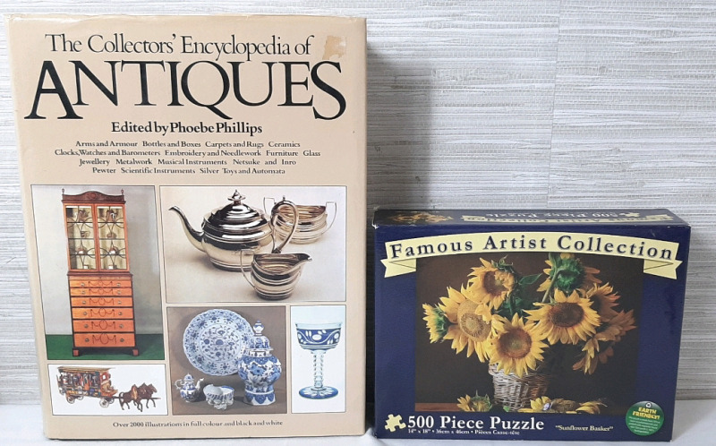 The Collector's Encyclopedia of Antiques Edited by Phoebe Phillips (Hardcover) & Famous Artist Collection 500 Piece Puzzle (14"X18" After Completion)