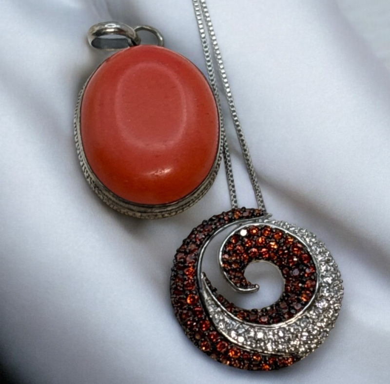 925 Italy Box Chain Deep Tangerine & Clear Swirl CZ pendant Sterling Coral Larhe Oval Pendant