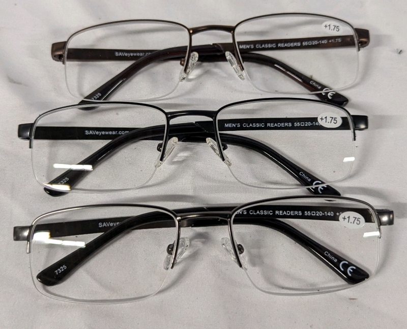 3 New Pairs of Men's Classic Prescription Reading Glasses. +1.75.