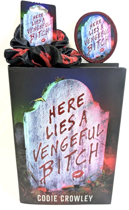 New HERE LIES A VENGEFUL BITCH Hardcover Book by Codie Crowley with Promotional Hair Scrunchie & Patch (2.25" x 3")