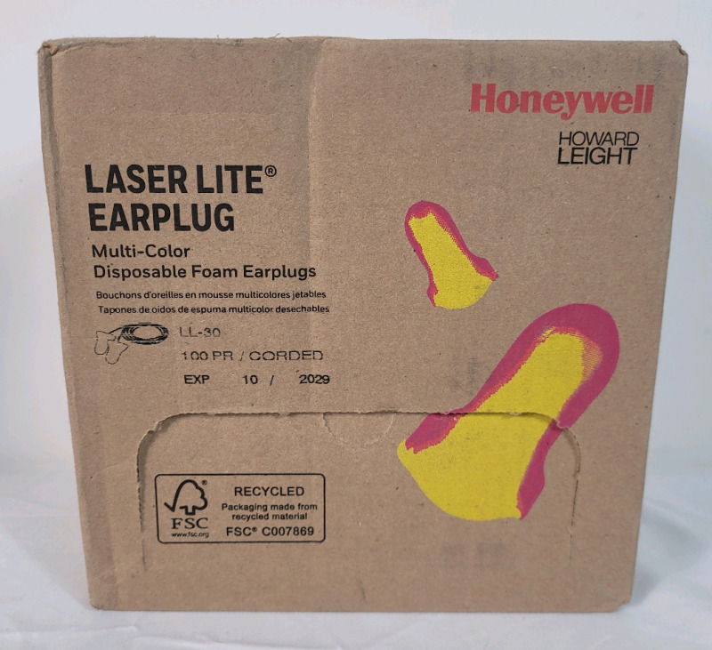 New - Honeywell Laser Lite High Visibility Disposable Foam Corded Earplugs, 100-Pairs, Pink/Yellow, Model # LL-30 .