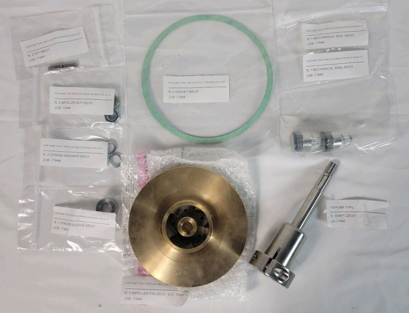 New - Single Stage Centrifugal Water Pump Parts . Brass Impeller and Impeller Nuts , Shaft , Mechanical Seals , Spacer Sleeve , Gasket & Washers .