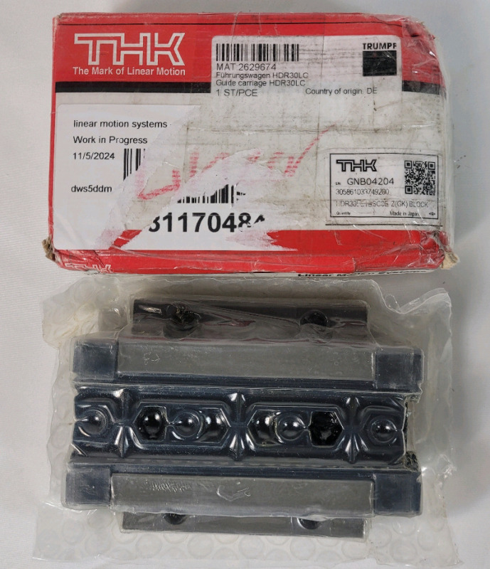 New - THK Global Standard Interchangeable Linear Caged Ball Carriage for Profile Rail , S/N GNB04204 . Sealed