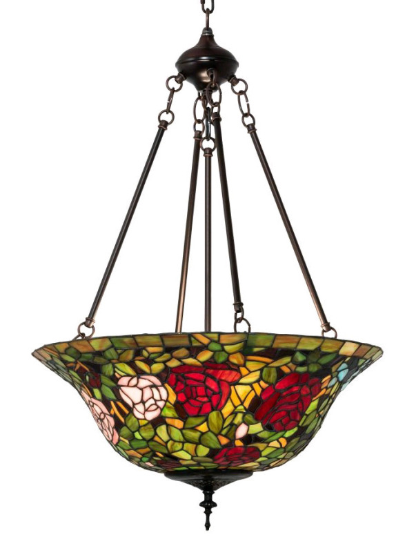 New - Tiffany Style Rosebush Inverted Pendant Home Decor Chandelier Lighting , 24" Diameter & 11" Tall . 3-Bulb Mahogany Bronze finish Hardware . Retail $1300