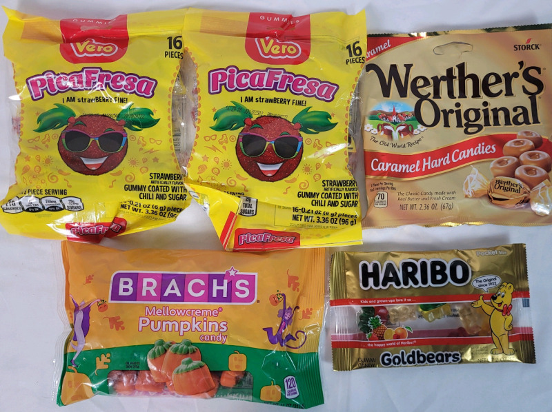 5 New Packs Mixed Candy . Werther's , Mellowcreme Pumpkins , Picafresa Strawberries & Haribo Gummies . Earliest Best By 02/2025