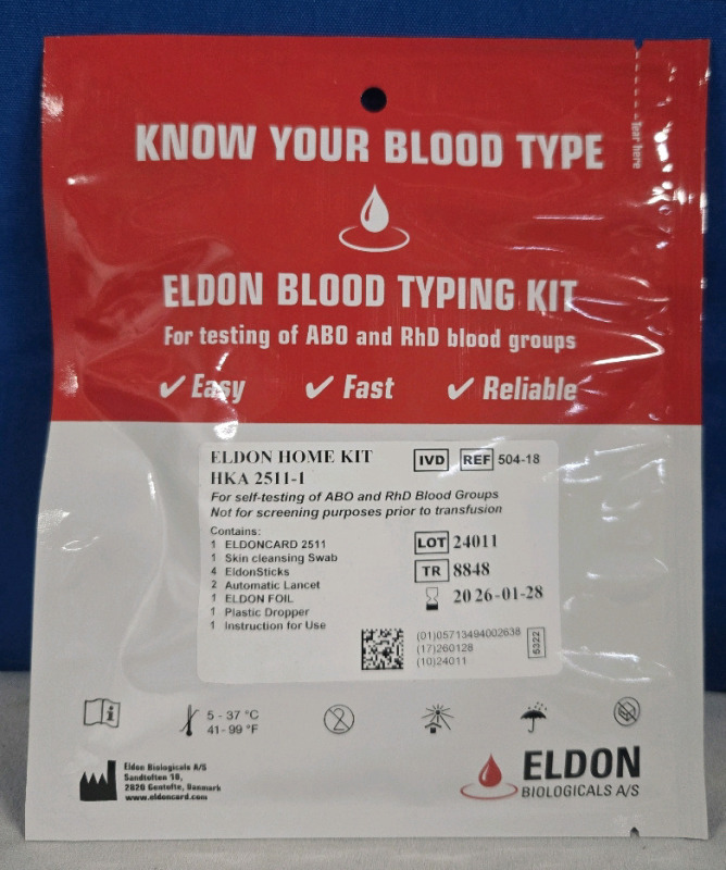 New | Eldon At Home Blood Typing Kit