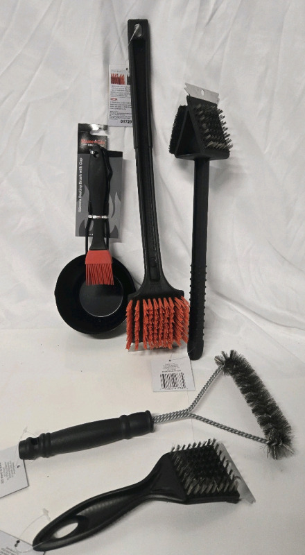 5 New | Barbecue Cleaning Tools Lot | Includes ( 1 ) Char-Broil Red Nylon Grill Brush 17" Long | ( 1 ) Flame Glo Silicone Basting Brush W/ Cup | ( 1 ) Flame Glo 3 In 1 Grill Brush | ( 1 ) Flame Glo 8" Grill Brush | & ( 1 ) Flame Glo 12" Wire Grill Brush