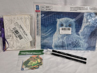 New Arts & Crafts Lot - Snow Owl Diamond Art 12x16", Halloween DIY Bookmarks, Stickers and Pencil Crayons Black