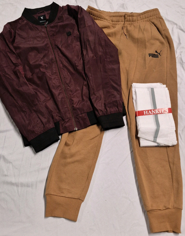 Men's Clothing Lot - Van Heusen Jacket, Puma Track Pants sz Med & 9 New Hankies