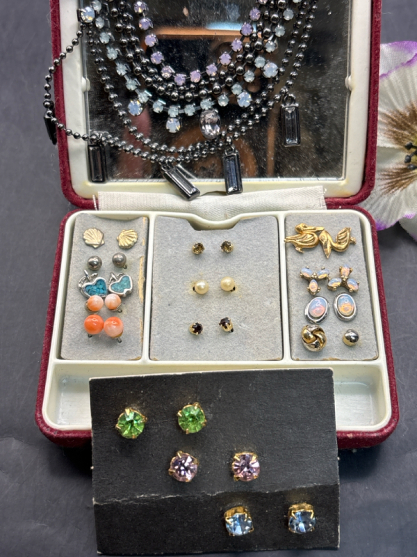 Vintage Box Filled With Stud Earrings Rhinestone Black Modern Necklace