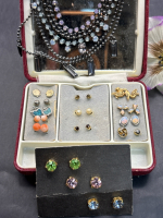 Vintage Box Filled With Stud Earrings Rhinestone Black Modern Necklace