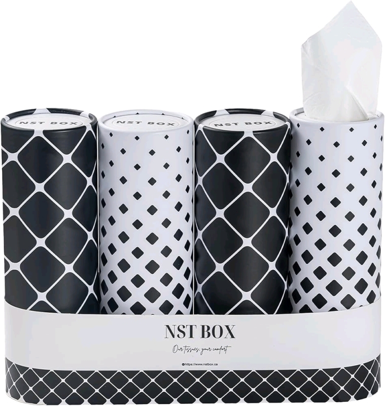 8 New NST Travel Tissues with 50 Tissues Per Box, Sleek Cylinder Tissue Holder in Car with Easy Open Lid, 2-Ply Car Tissues for Home, Office and Trips. 8" Tall.