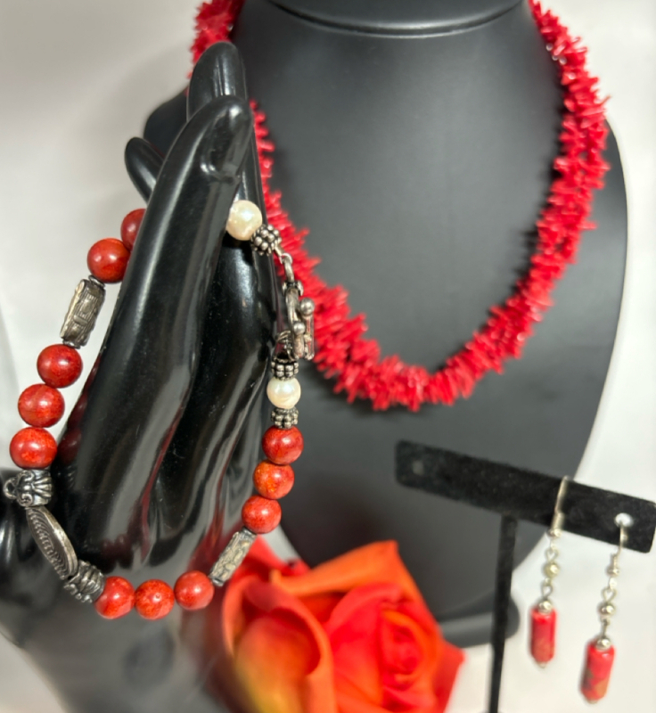 Red Coral Style stick bead Toggle Bracelet & Earrings