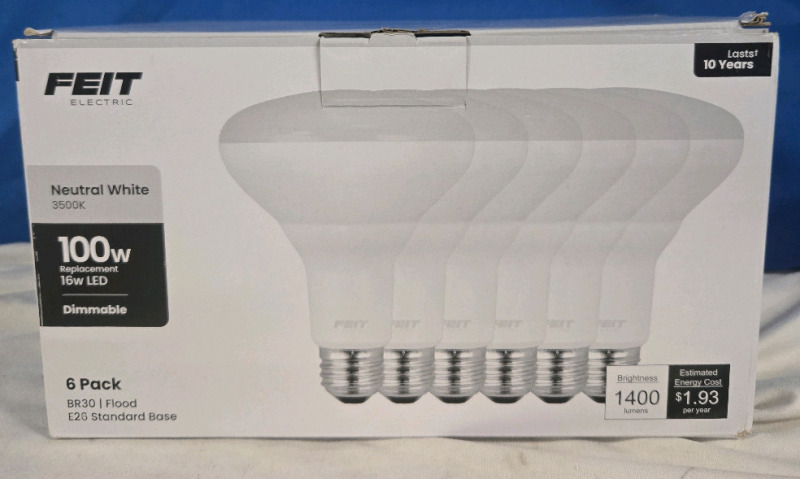 New | Pack Of 6 Feit 3500K Natural White 100W Replacement 16W LED Dimmable Light | BR30 | Flood E26 Standard Base