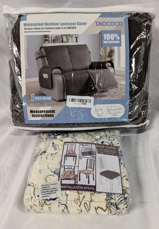 6 New Chair Cushion Covers, & New Taococo Waterproof 2 Seater Loveseat Cover. See Photos for Chair Sover Sizes. No Size Available for Loveseat Cover.