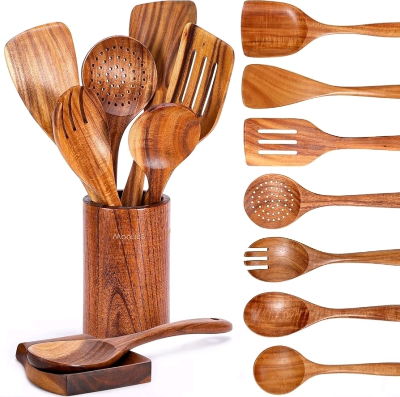 New - Mooues 9pc. Wooden Spoons for Cooking , Natural Teak Wooden Kitchen Utensils Set