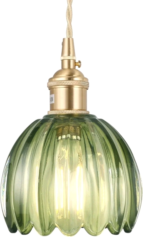 New - Shenmoy Mini Pendant Light with Green Tulip Glass Lampshade, Brass Vintage Pendant Light Adjustable Hanging Light .