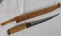 Vintage 12" Rapala J. Marttiini Finland Fillet Knife with Leather Sheath . Blade measures 7 3/8" long